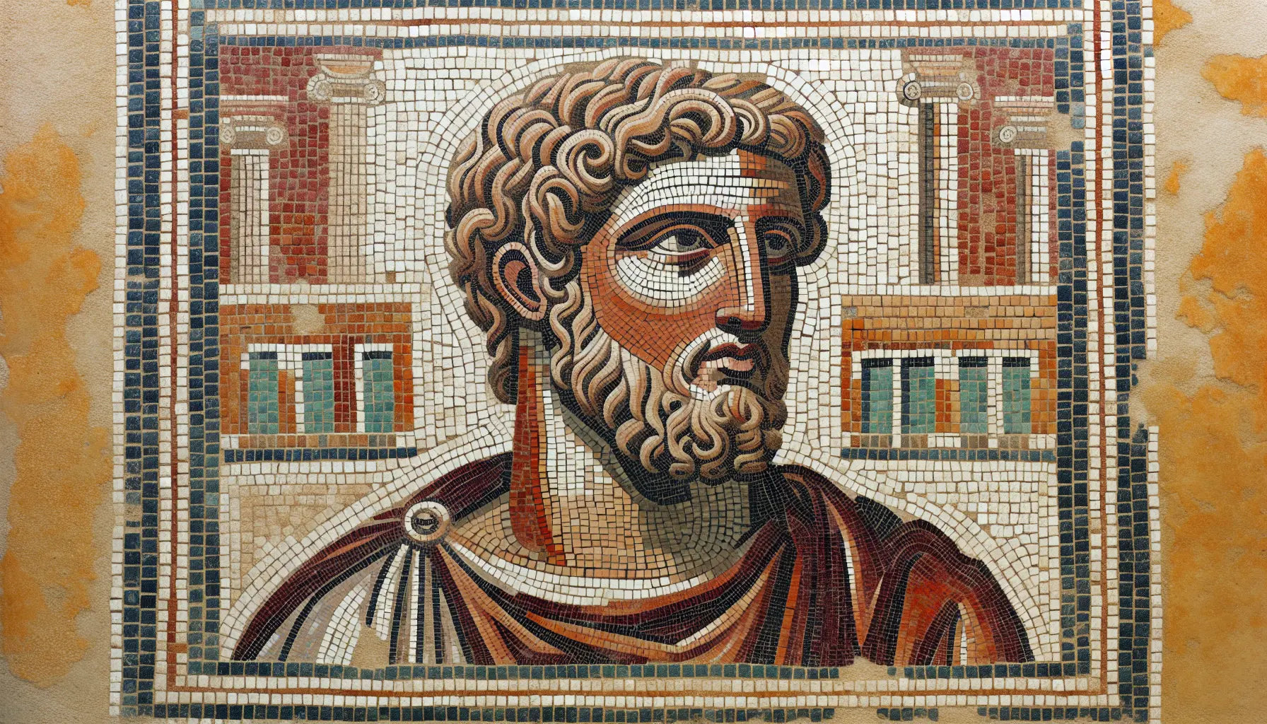 Römischer Kaiser mit nordafrikanischen Zügen als stilisiertes Mosaik vor Architektur von Leptis Magna