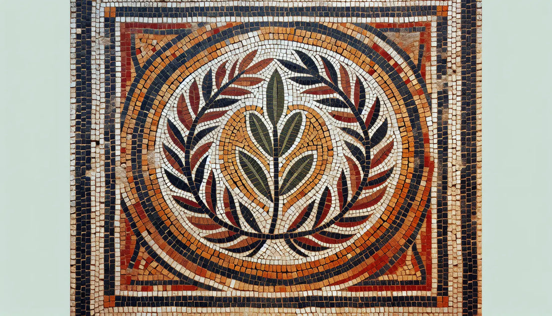 Römischer Lorbeerkranz als flächiges Mosaik in Erdfarben und Gold auf hellem steinigen Hintergrund