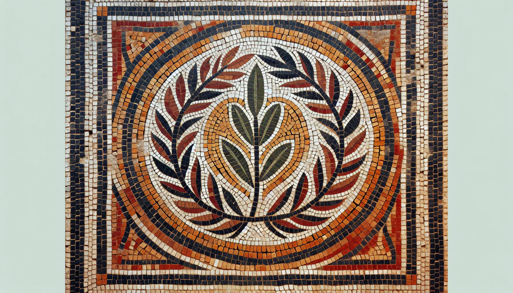 Römischer Lorbeerkranz als flächiges Mosaik in Erdfarben und Gold auf hellem steinigen Hintergrund