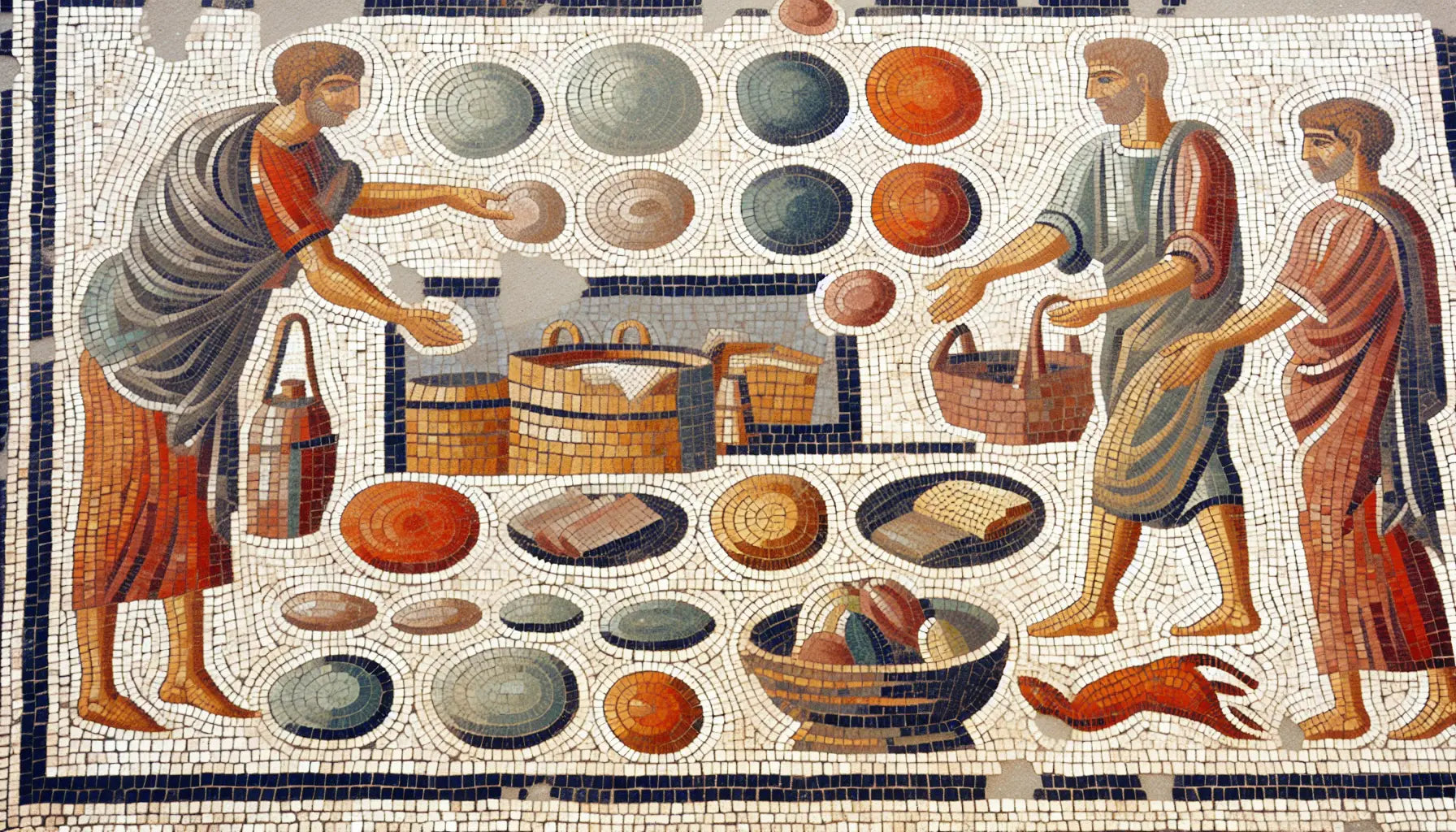 Römisches Bodenmosaik mit abstrahierten Münzen und Waren als Symbol für Wertverlust im Markt