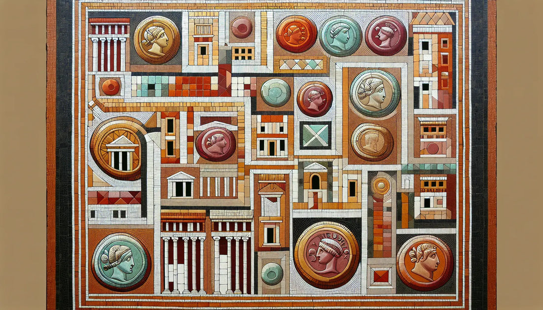 Abstrahierter römischer Marktplatz mit Denarius und Aureus Münzen in antikem Mosaik