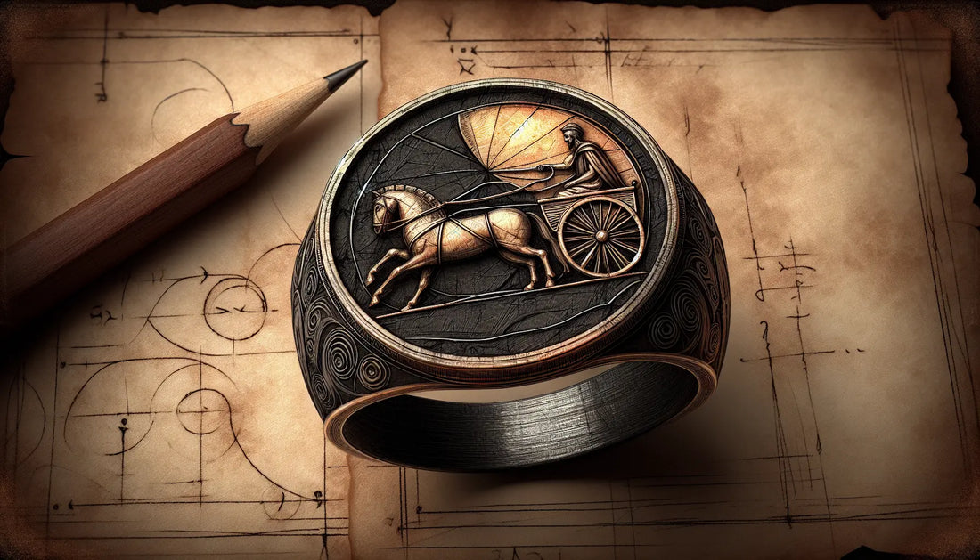 Antiker römischer Ring mit Intaglio eines Streitwagens auf Stein skizziert im da Vinci Stil