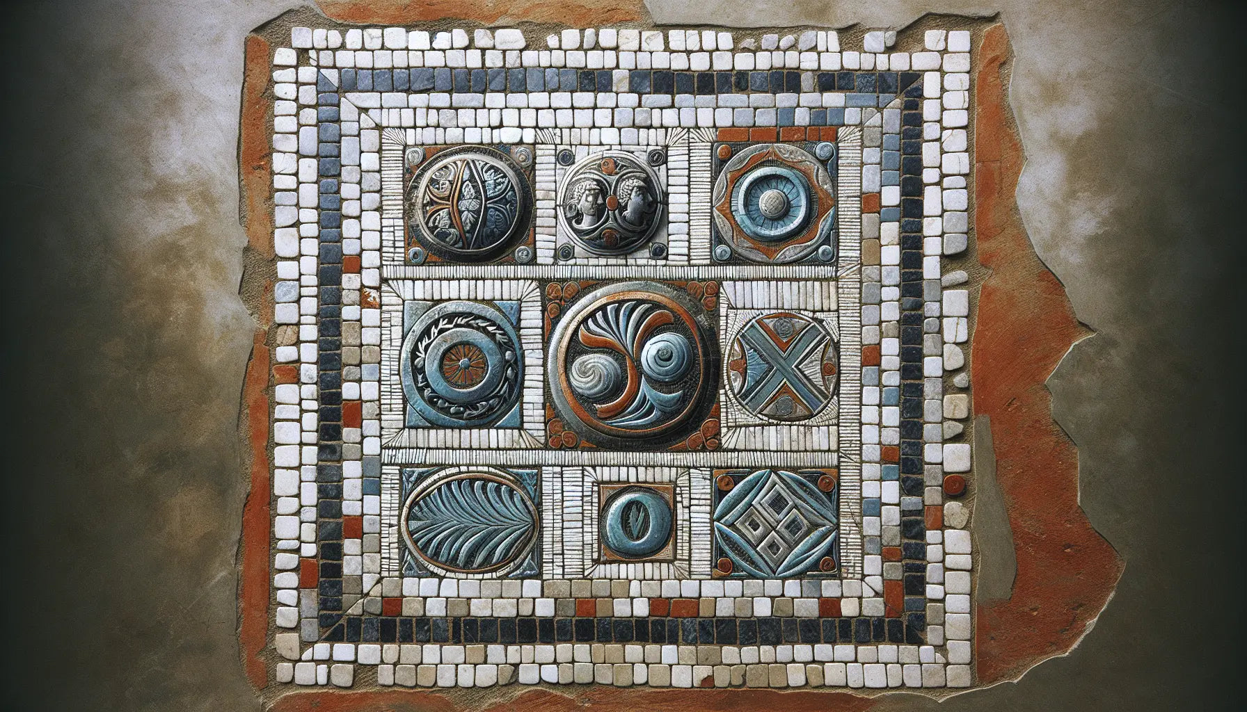 Römischer Silberschmuck Intaglio als Mosaik mit blau und ockerfarbenen Details auf hellem steinigen Hintergrund