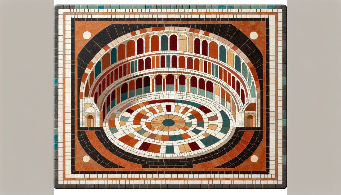 Inneres eines römischen Amphitheaters als Mosaik aus rotbraunen ockergelben und blauen Segmenten auf hellem Stein