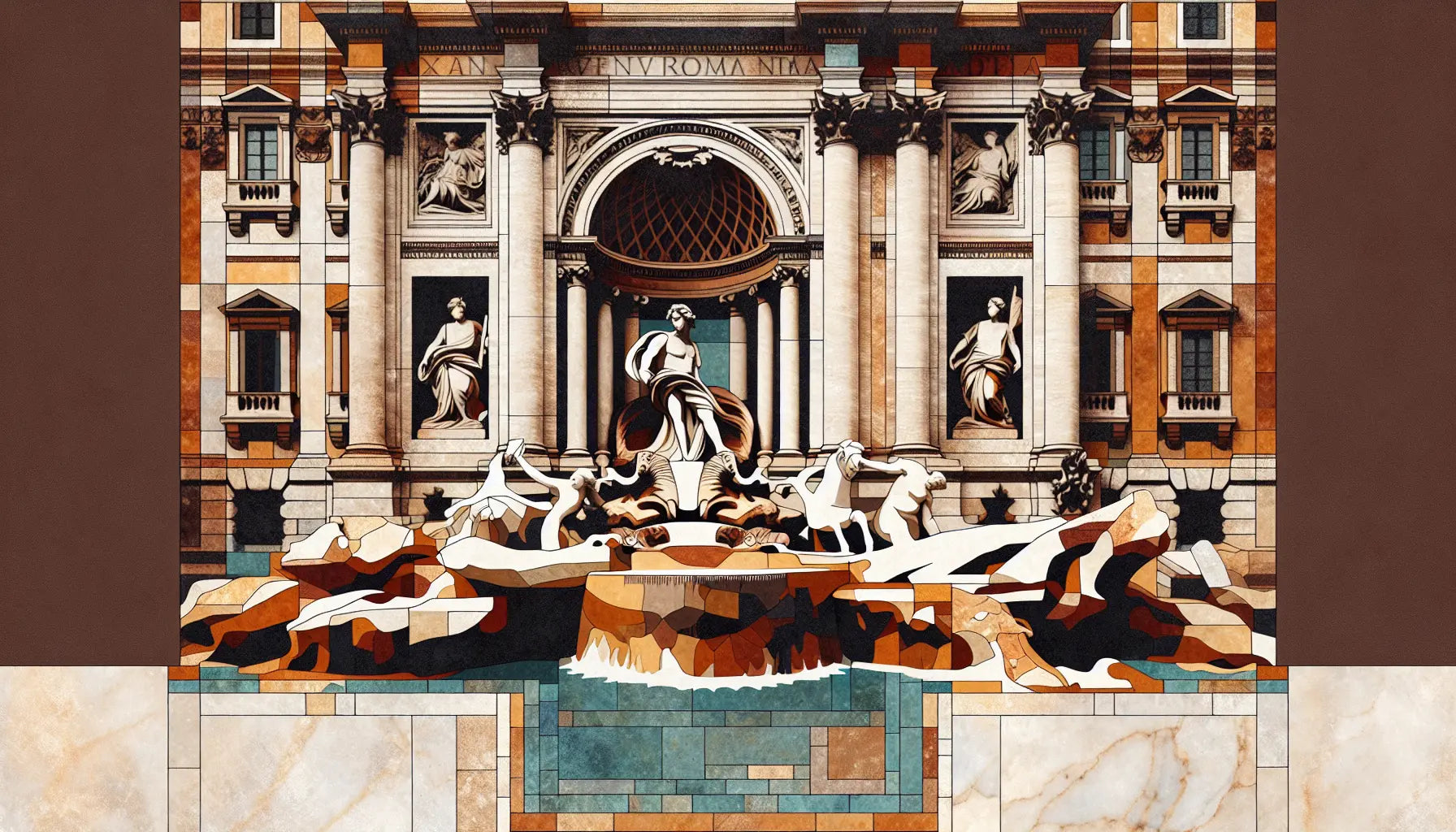 Abstrahierte Trevi-Brunnen-Skulpturen und Marmelbecken als römisches Bodenmosaik in Erdtönen