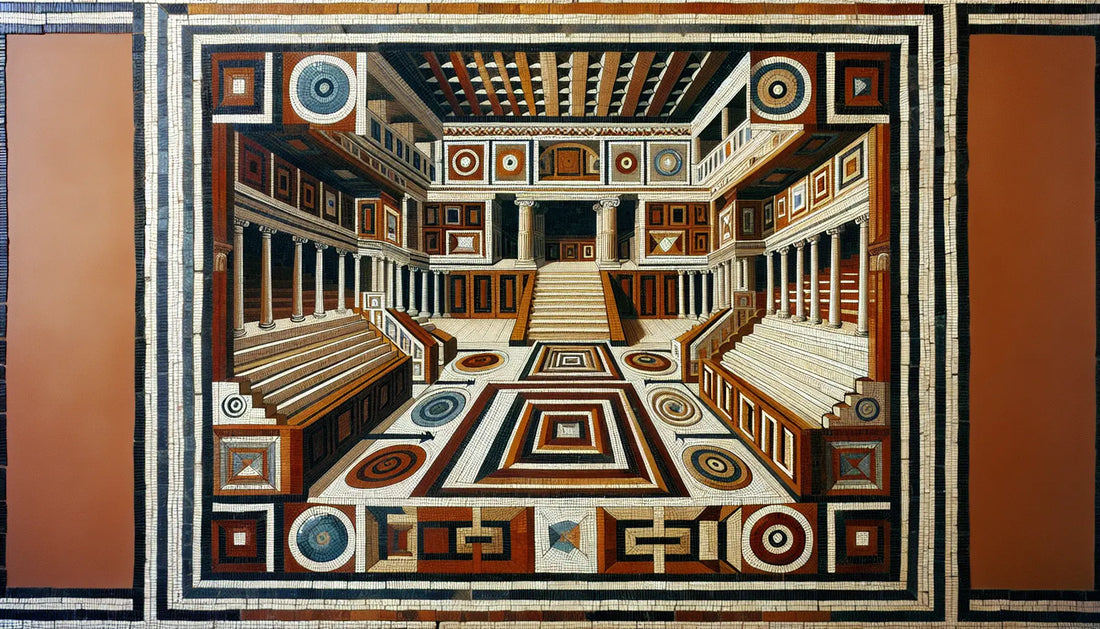 Abstrahierte römische Halle mit Zuschauerrängen als keramisches Mosaik in gedeckten Erdfarben