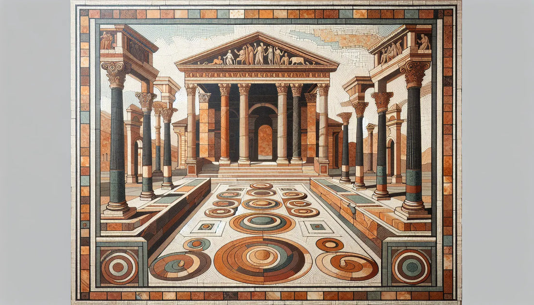 Abstrakte Darstellung eines römischen Forums als antikes Bodenmosaik mit römischer Architektur in Erdfarben ohne Menschen