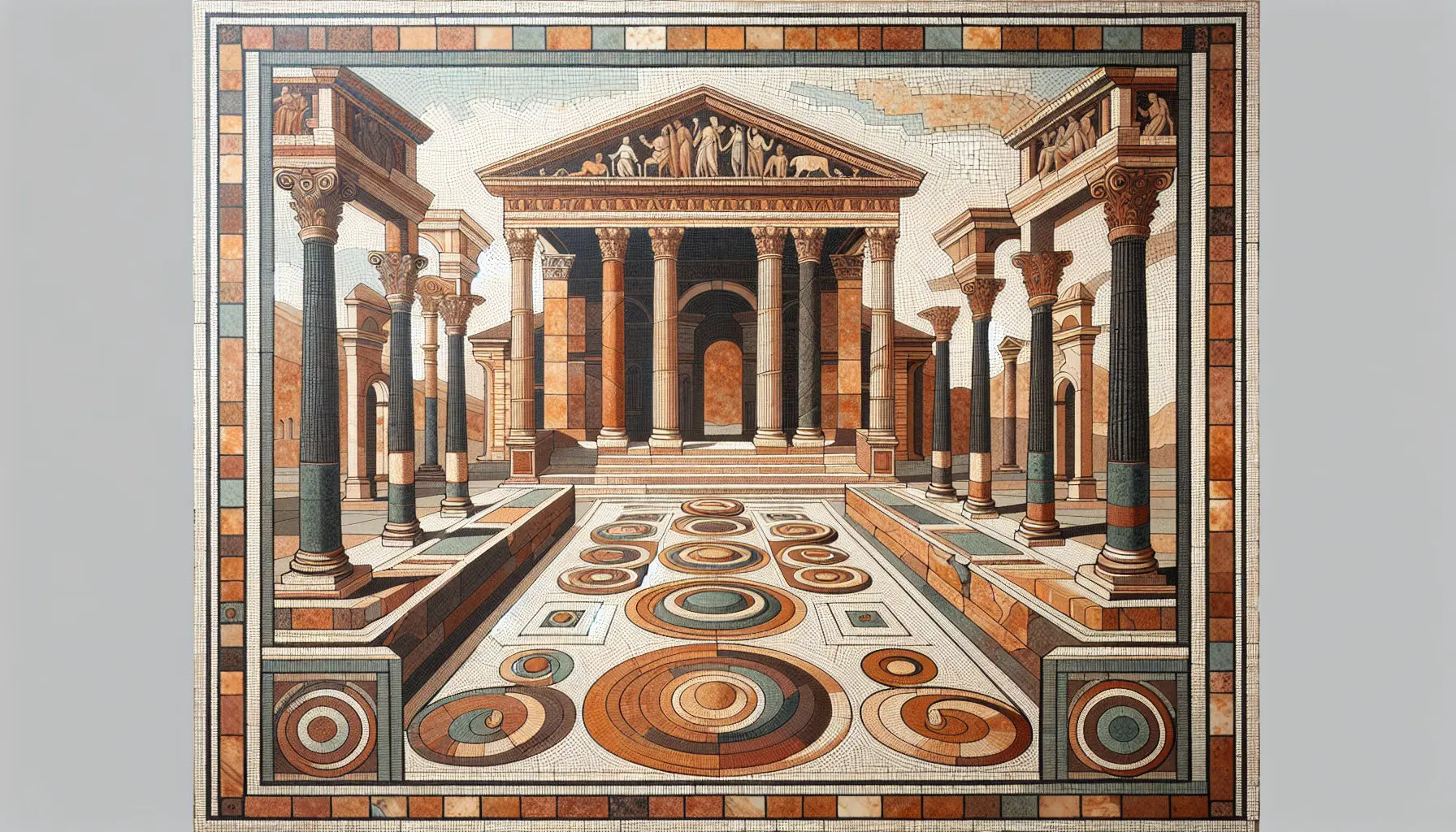 Abstrakte Darstellung eines römischen Forums als antikes Bodenmosaik mit römischer Architektur in Erdfarben ohne Menschen