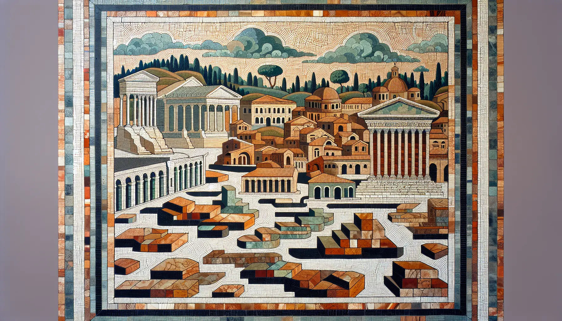 Abstrahierte antike römische Ruinen im Vordergrund Palatinhügel im Hintergrund auf mosaikartiger steiniger Fläche mit erdfarbenen Segmenten