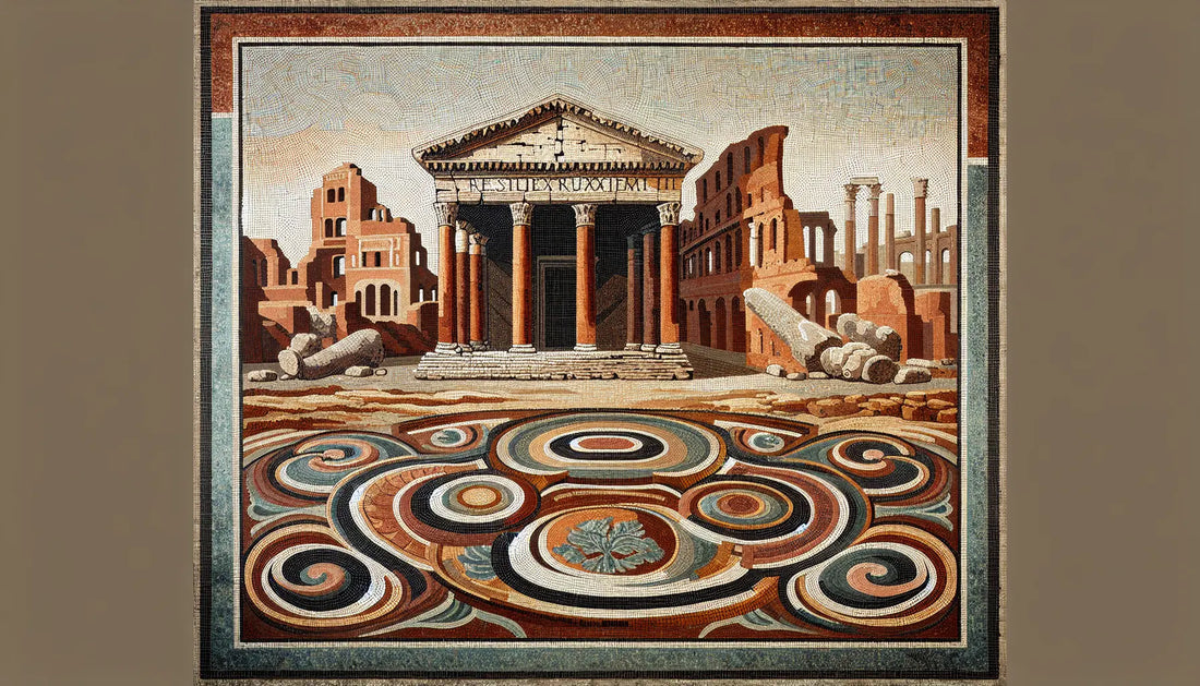 Abstrahierte römische Forum Ruinen mit Tempel des Julius Caesar als Mosaik in rotbraun gold und ockergelbem Stein