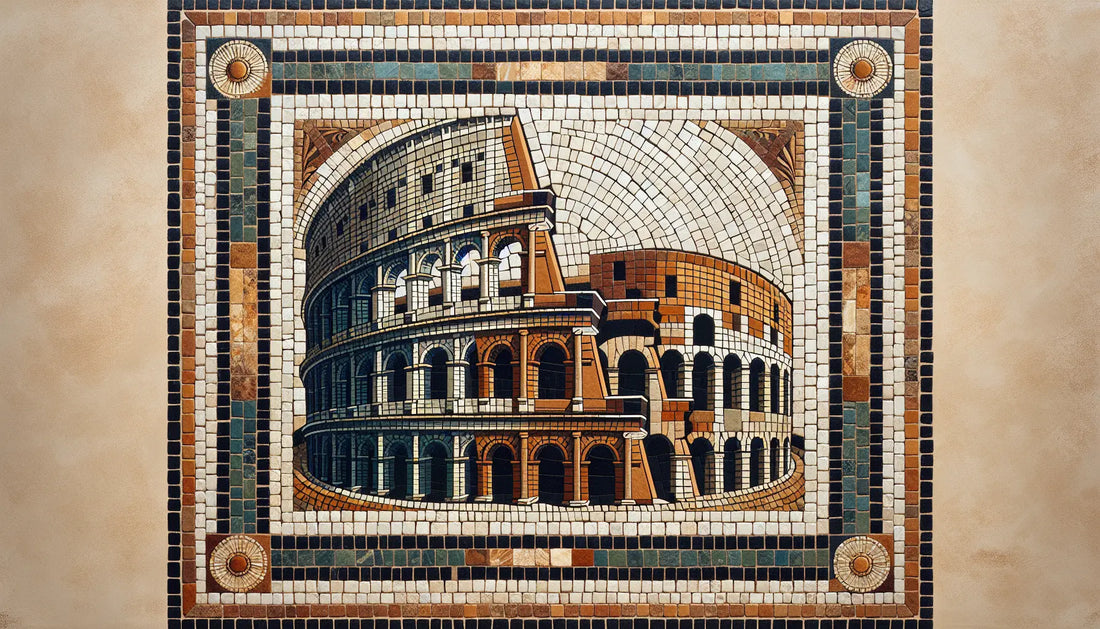 Abstrahiertes antikes Kolosseum als Mosaik aus rotbraunen ocher und blauen Segmenten auf hellem steinartigem grund