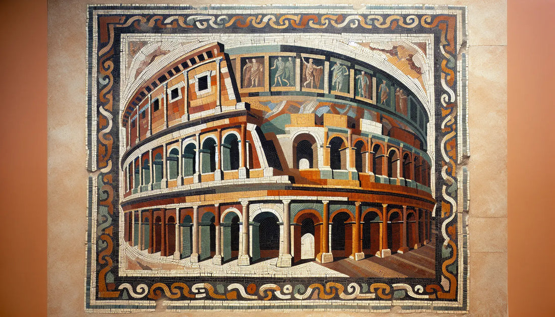 Abstraktes römisches Bodenmosaik des Kolosseums in Rotbraun Ocker und Blau mit architektonischen Mustern