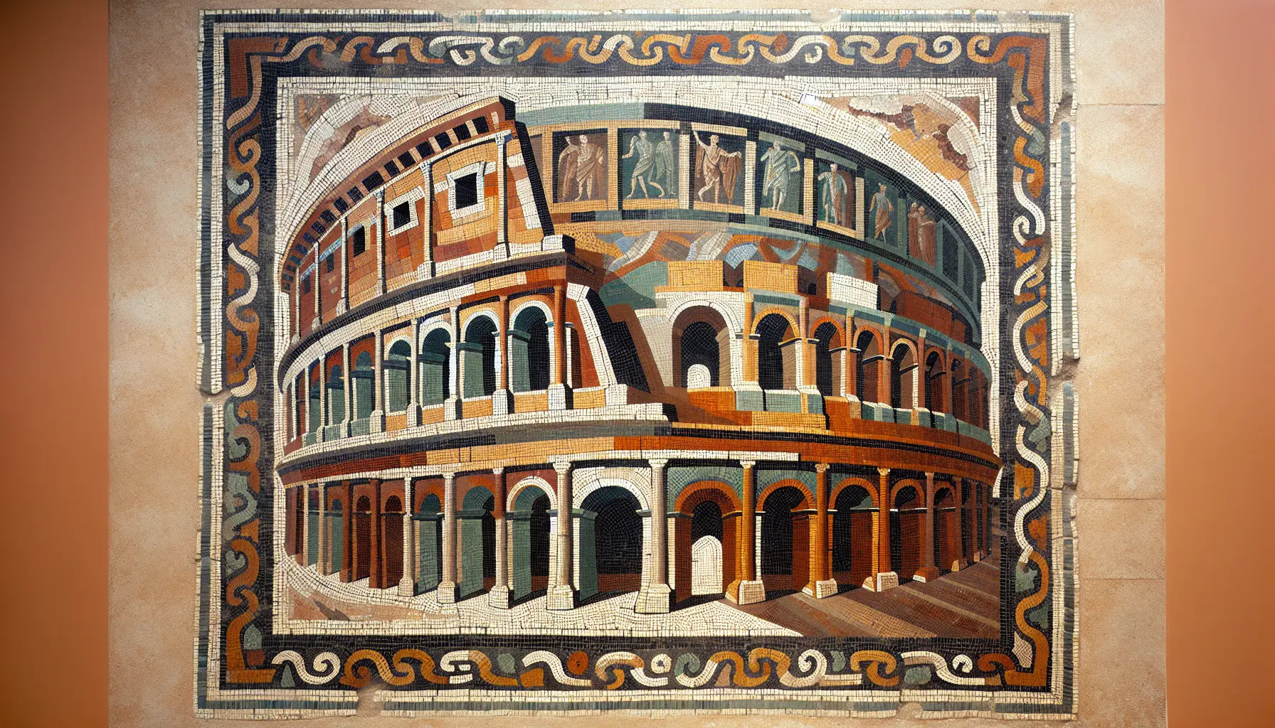 Abstraktes römisches Bodenmosaik des Kolosseums in Rotbraun Ocker und Blau mit architektonischen Mustern