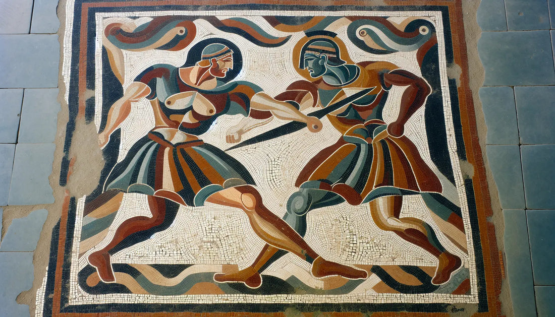 Antikes römisches Bodenmosaik mit zwei Gladiatoren in Zusammenarbeit in rotbraunen, ocker- und blauen Segmenten auf hellem steinernen Hintergrund