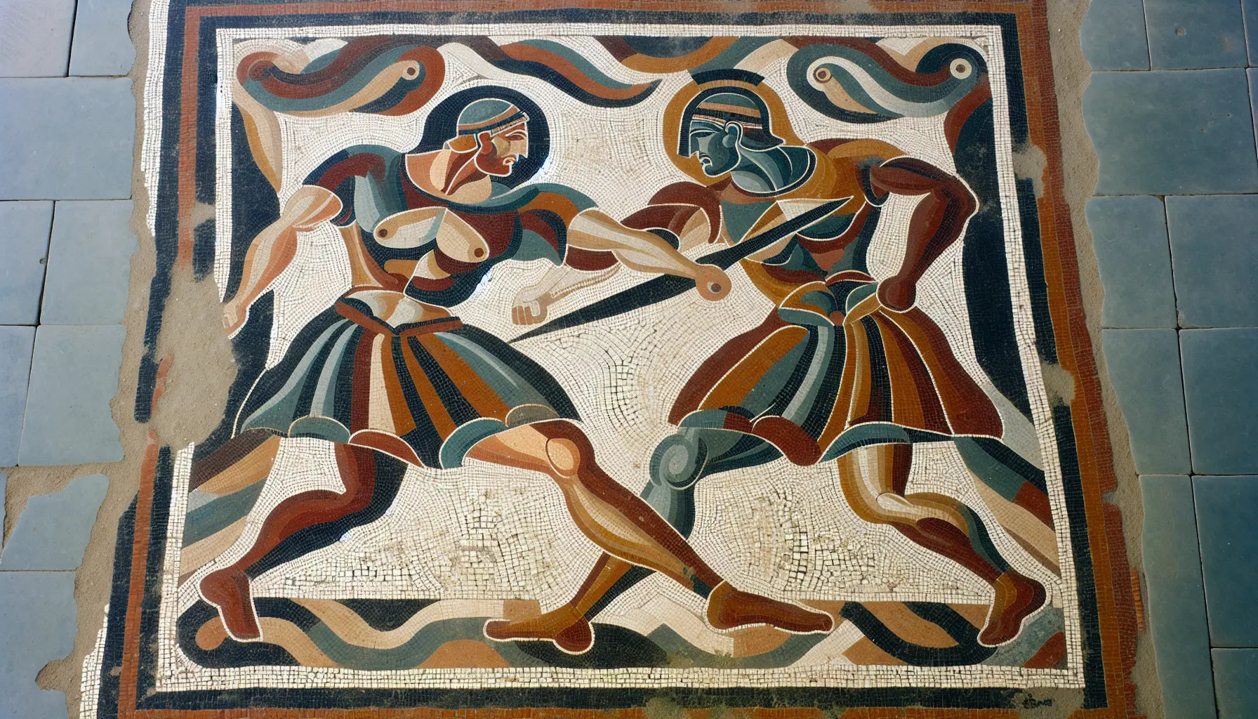 Antikes römisches Bodenmosaik mit zwei Gladiatoren in Zusammenarbeit in rotbraunen, ocker- und blauen Segmenten auf hellem steinernen Hintergrund