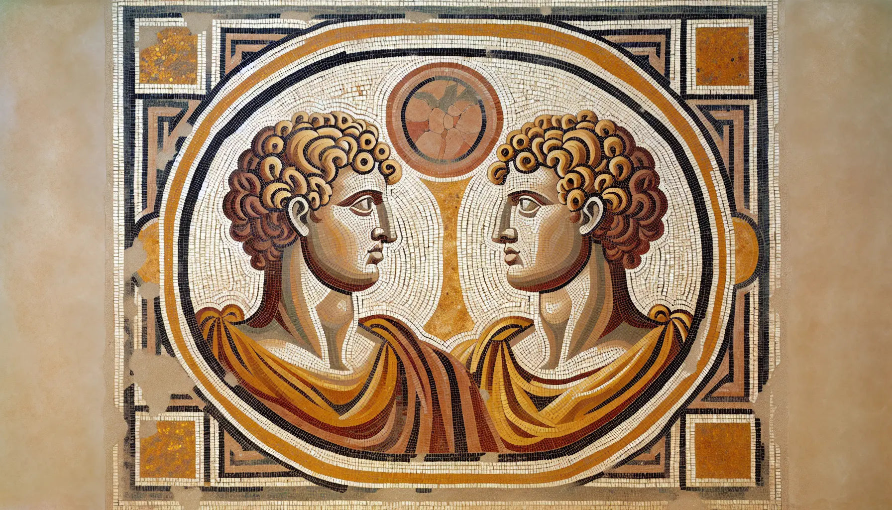 Stilisiertes römisches Mosaik von zwei abstrakten Figuren vor römischer Architektur in Rotbraun Ocker und Gold auf hellem Hintergrund