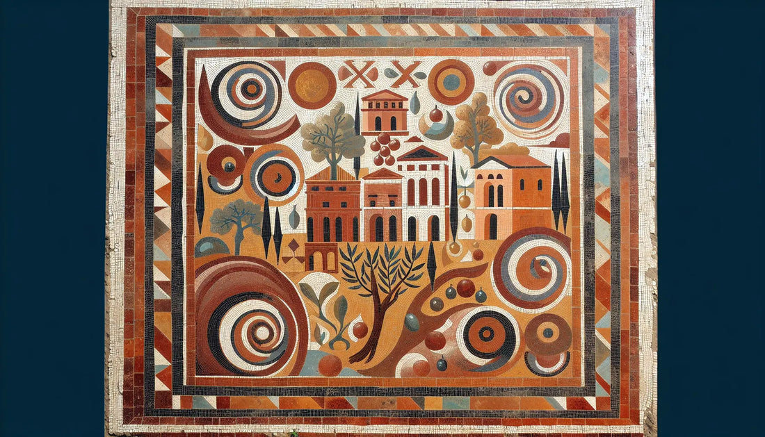 Abstrakte Darstellung römischer Insel Capri mit Macht- und Intrigensymbolen als Bodenmosaik in Erdfarben