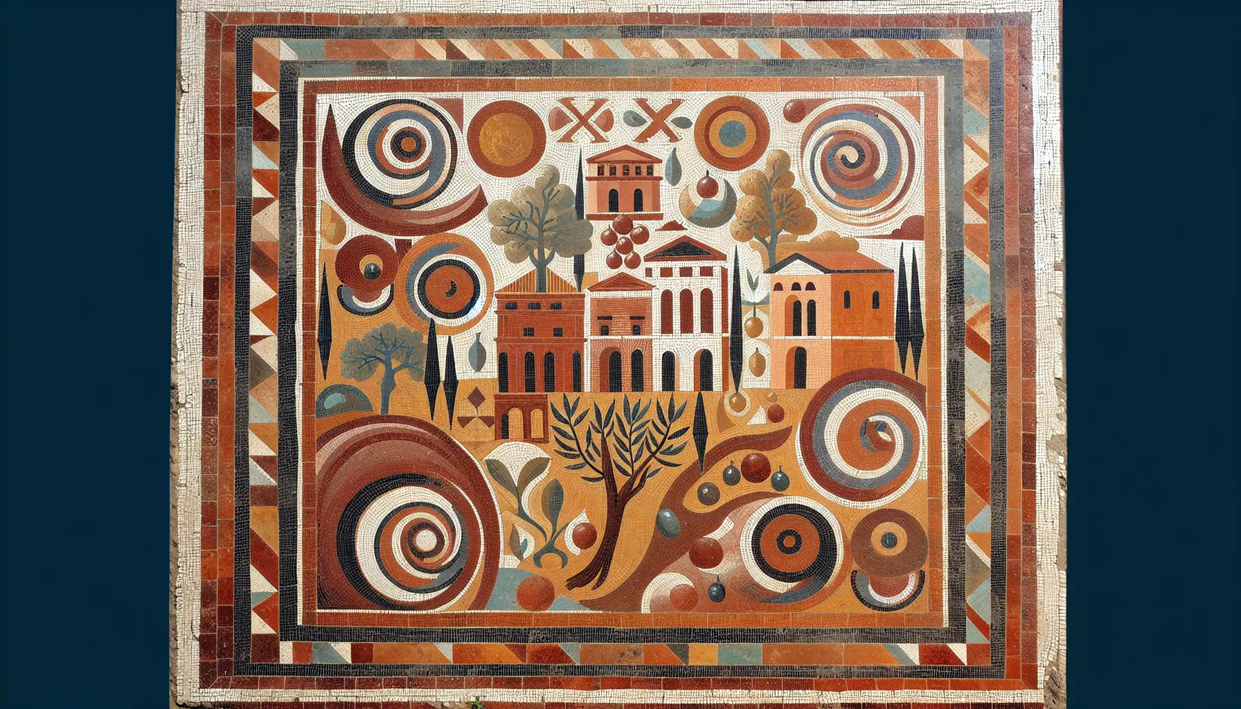 Abstrakte Darstellung römischer Insel Capri mit Macht- und Intrigensymbolen als Bodenmosaik in Erdfarben