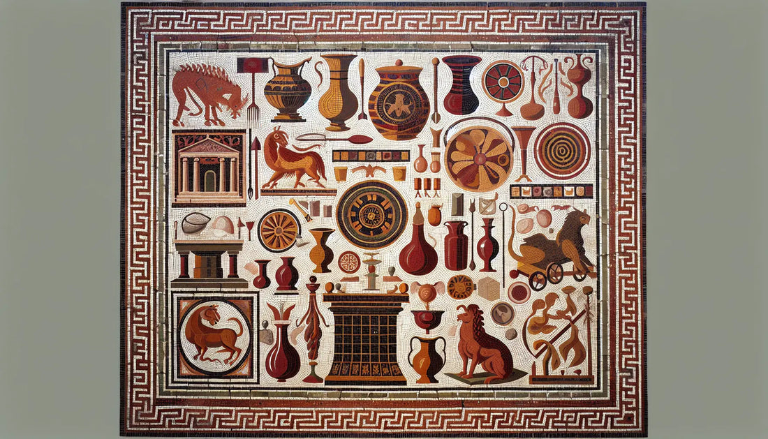 Antikes römisches Mosaik mit symbolischen Ritualobjekten in Rotbraun Ocker und Gold auf hellem steinigen Hintergrund