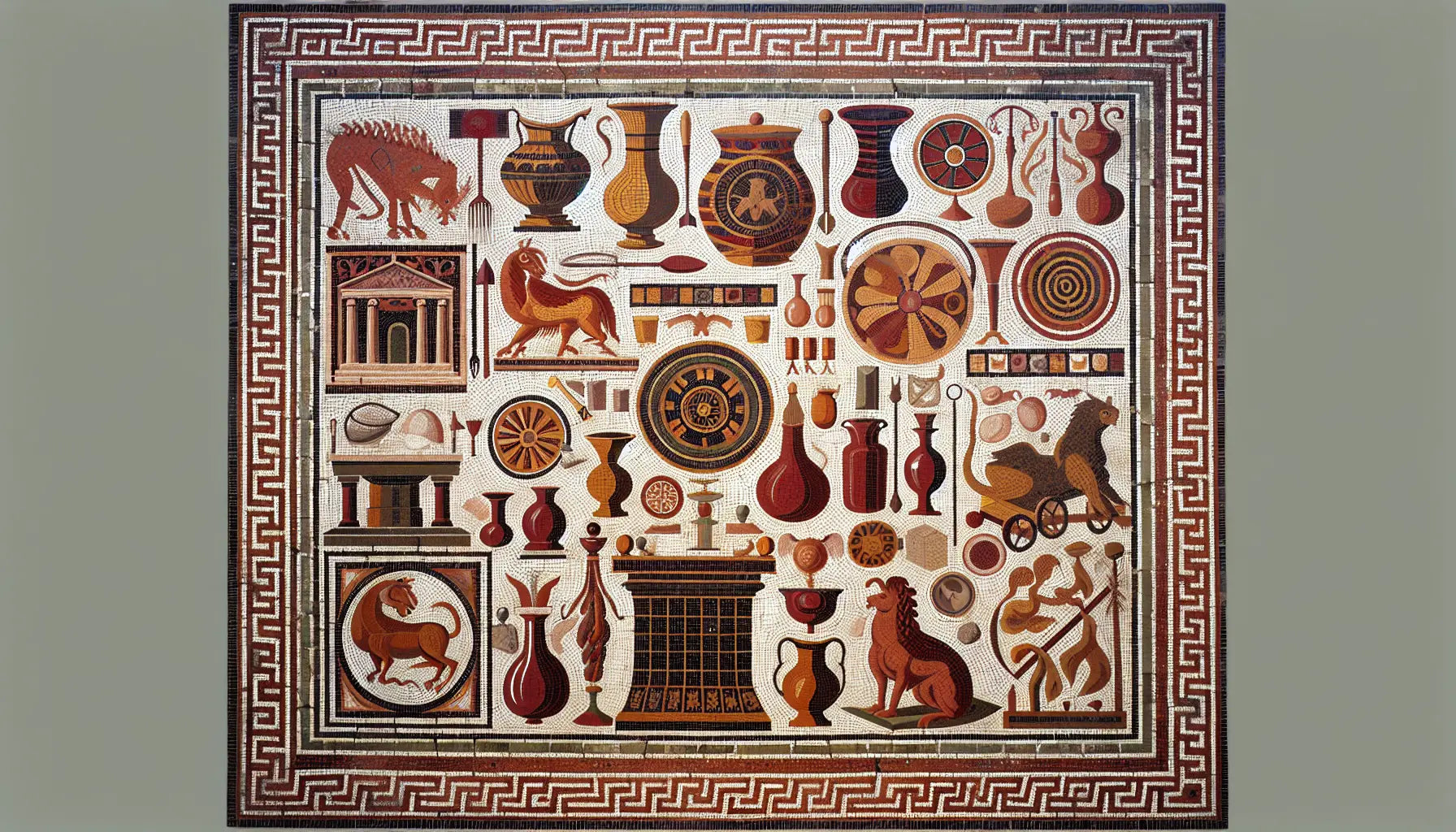 Antikes römisches Mosaik mit symbolischen Ritualobjekten in Rotbraun Ocker und Gold auf hellem steinigen Hintergrund