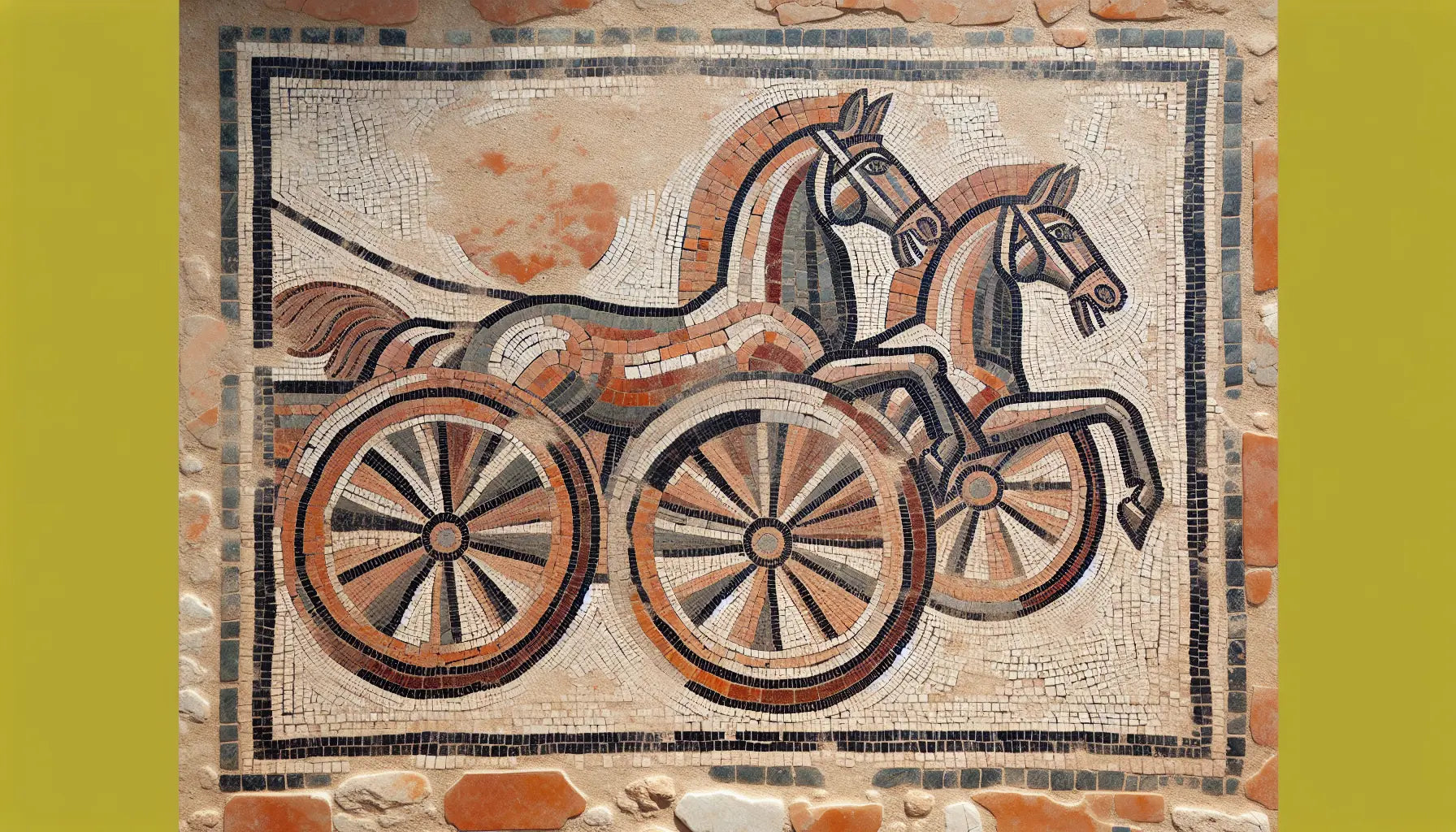 Abstrahierte römische Rennwagen und Pferde in Mosaikoptik mit Erdfarben auf hellem steinigen Hintergrund