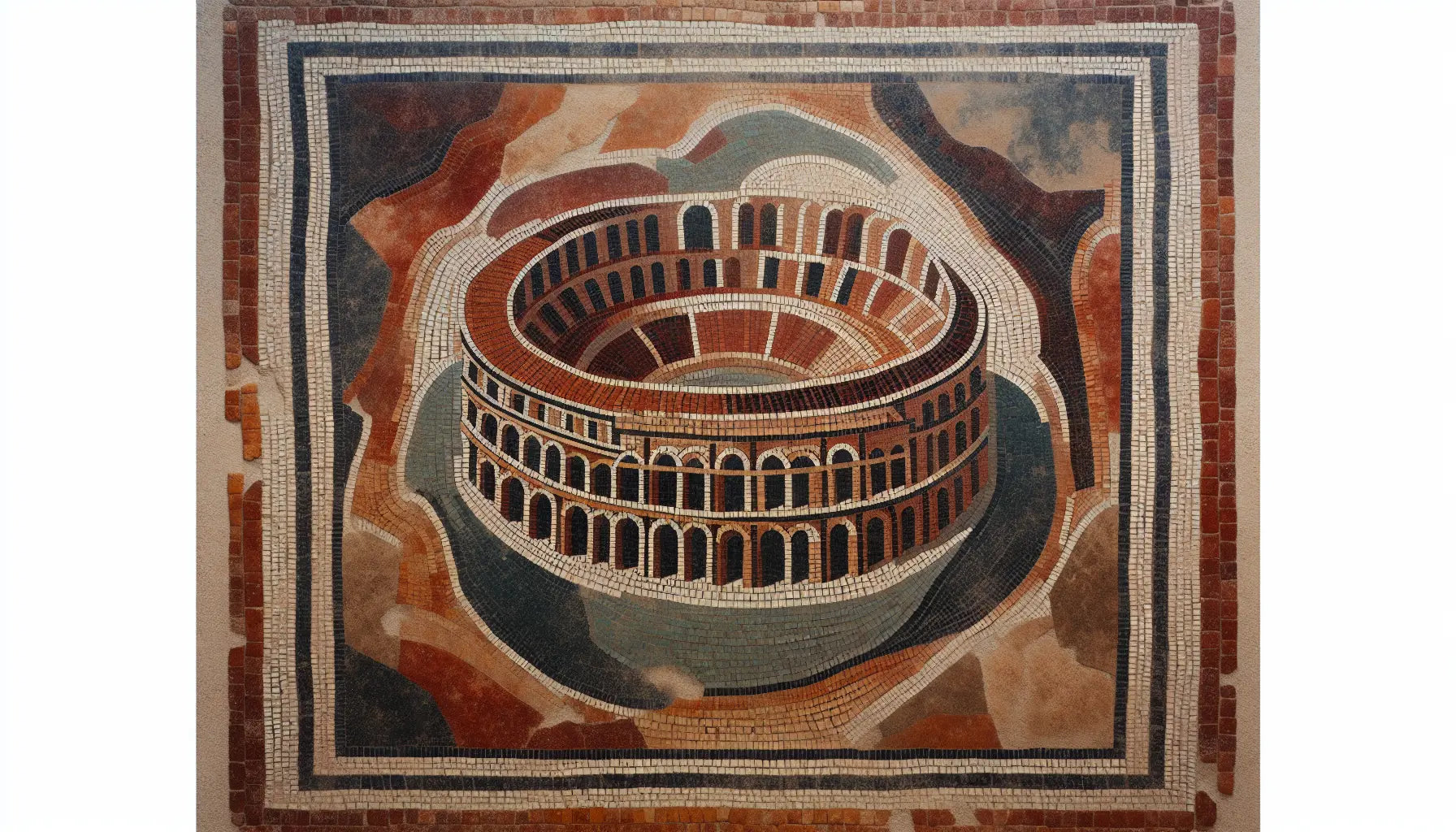 Stilisiertes Kolosseum als römisches Bodenmosaik in Erdfarben mit goldenen Details auf hellem Stein