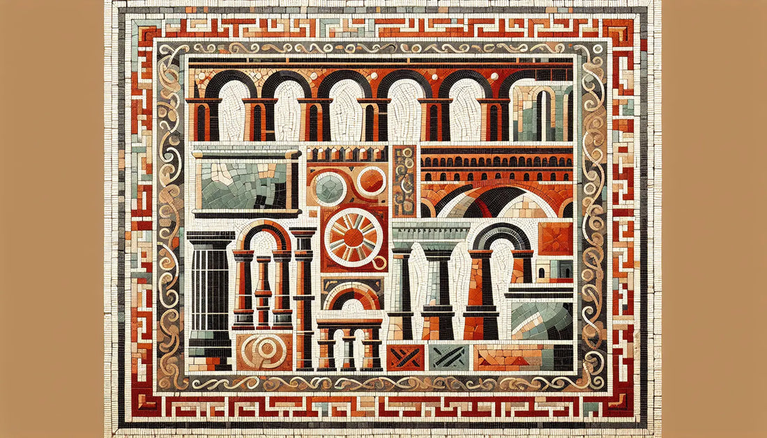 Abstrahierte römische Aquädukte und Steinwege als antikes Mosaik in Rotbraun Ocker und Blau