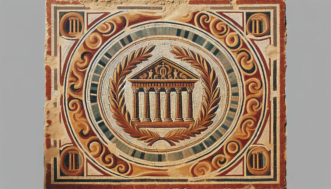 Ornamentales römisches Bodenmosaik mit abstrahierter Architektur Säulen Lorbeerkranz in gedeckten Erdfarben