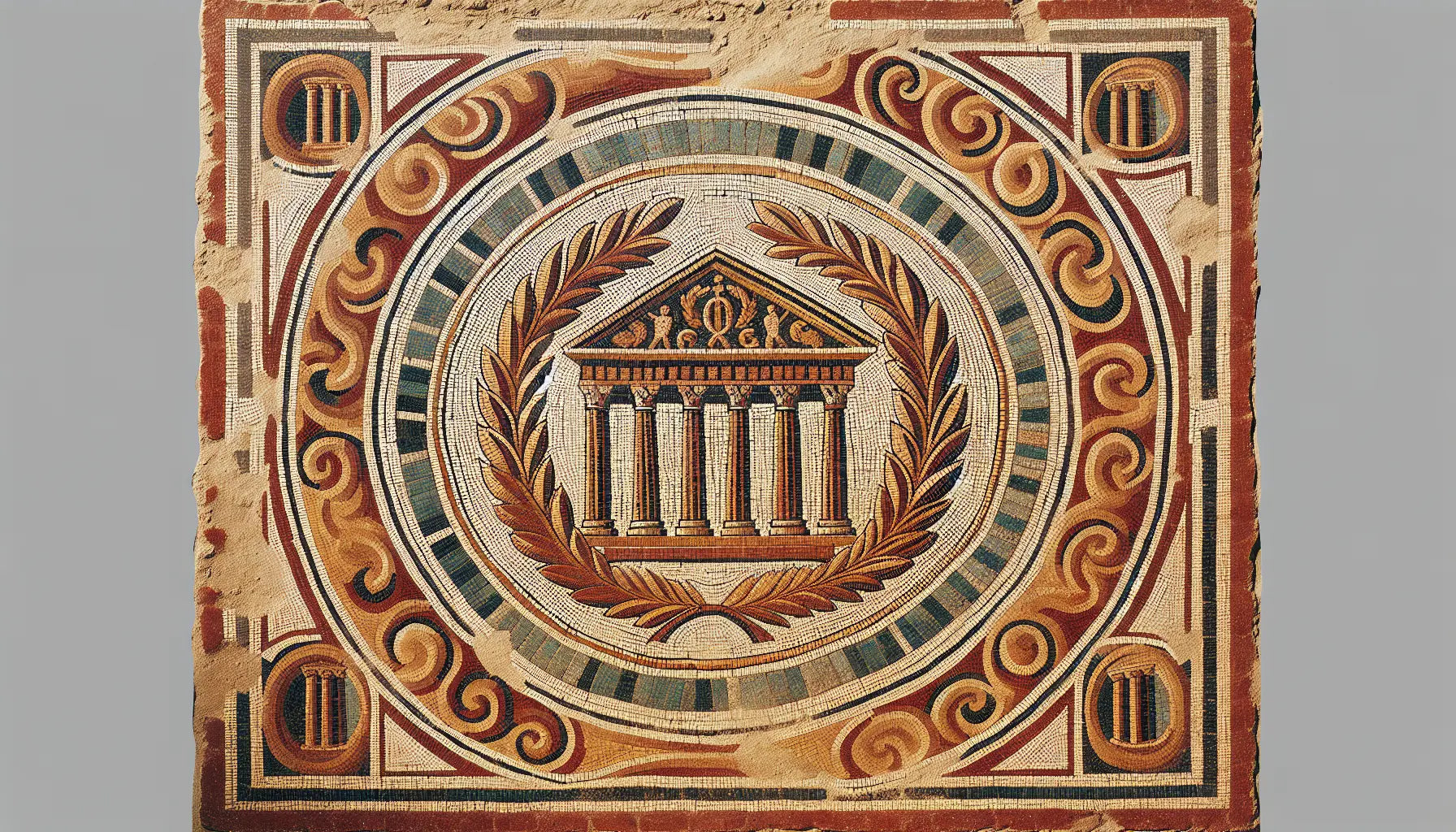 Ornamentales römisches Bodenmosaik mit abstrahierter Architektur Säulen Lorbeerkranz in gedeckten Erdfarben