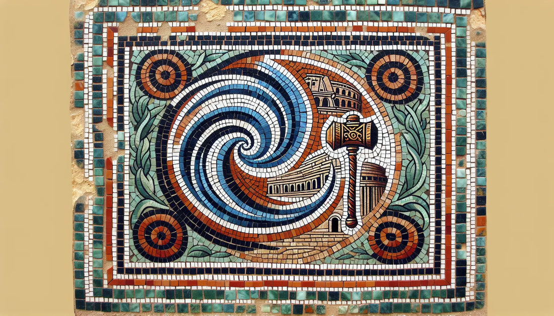 Römisches Kolosseum mit Wirbelsturm und Hammer als stilisiertes Bodenmosaik in Blau Rotbraun Gold