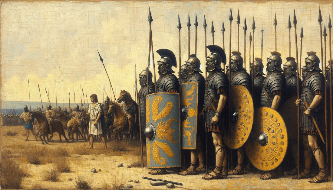 Einzelnes altes Pilum und Schild aus römischer Zeit grob gemalt auf hellem Leinenuntergrund