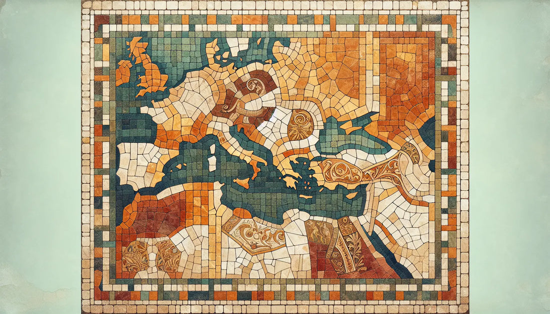 Mosaikdarstellung des Römischen Reichs mit Italien und Germanien in Erdfarben und kulturellen Ornamenten auf hellem Stein
