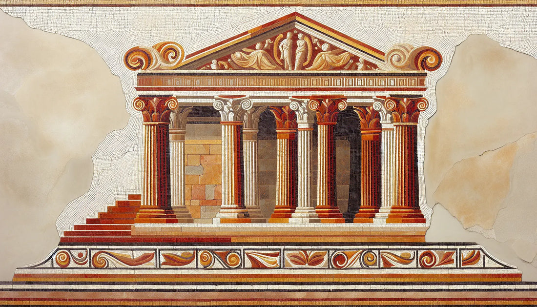 Stilisiertes antikes römisches Senatsgebäude als Mosaik mit Säulen in Erdfarben und goldenen Details auf hellem steinartigen Grund