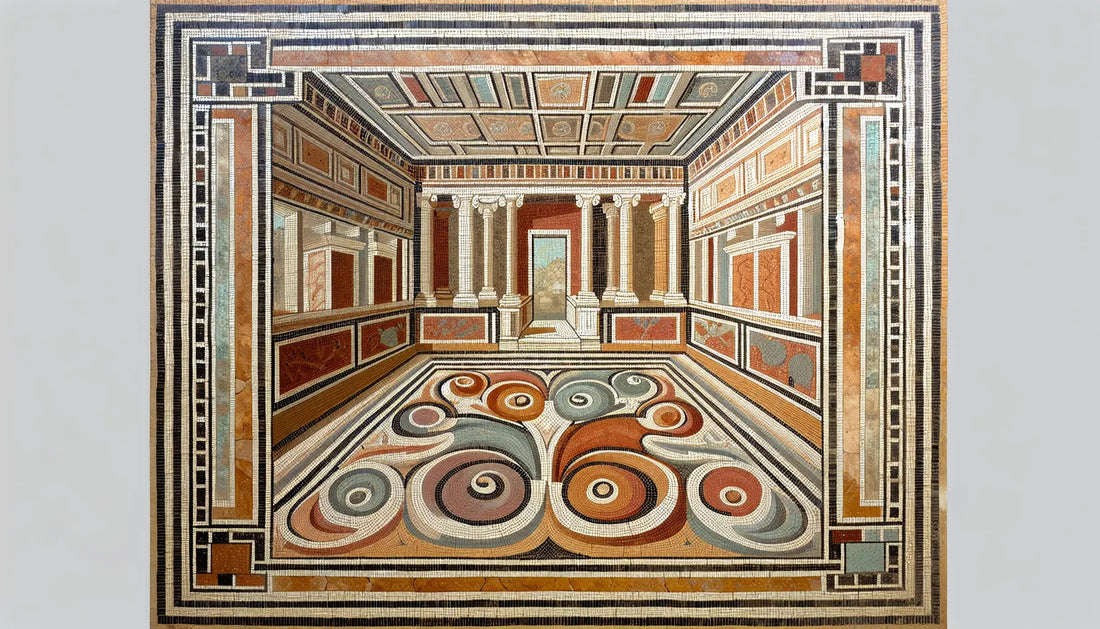 Abstrakte Darstellung des Innenraums einer römischen Villa als antikes Mosaik in Erdtönen