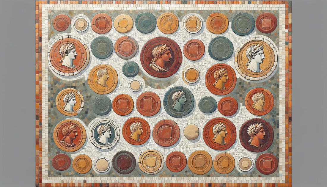 Mehrere abstrahierte römische Münzen mit Kaisermotiven und Symbolen als ornamentales Bodenmosaik in gedeckten Erdfarben