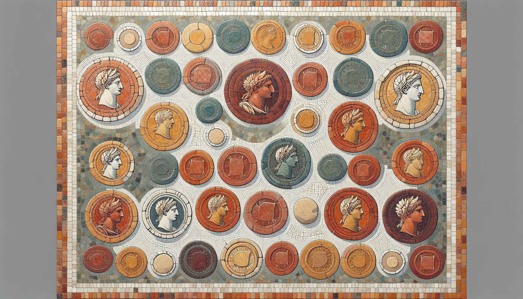 Mehrere abstrahierte römische Münzen mit Kaisermotiven und Symbolen als ornamentales Bodenmosaik in gedeckten Erdfarben