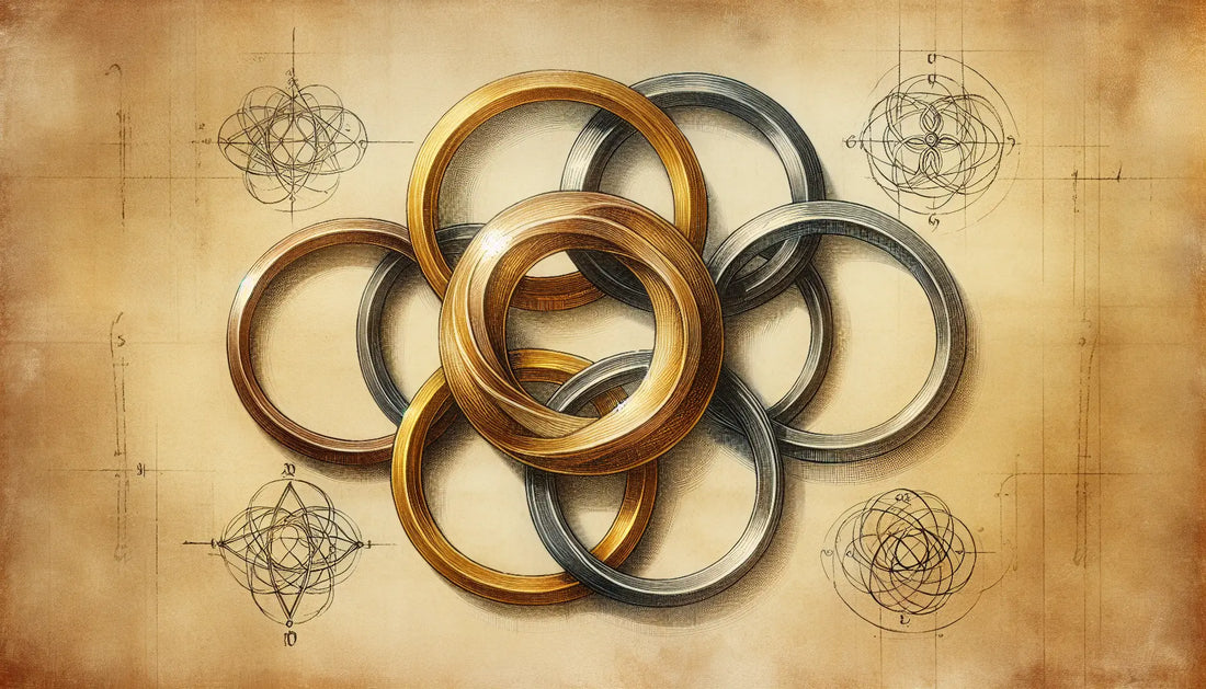 Sieben ineinandergreifende Ringe aus Gold und Silber als Skizze auf pergamentartigem Papier mit mittelalterlichen Symbolen