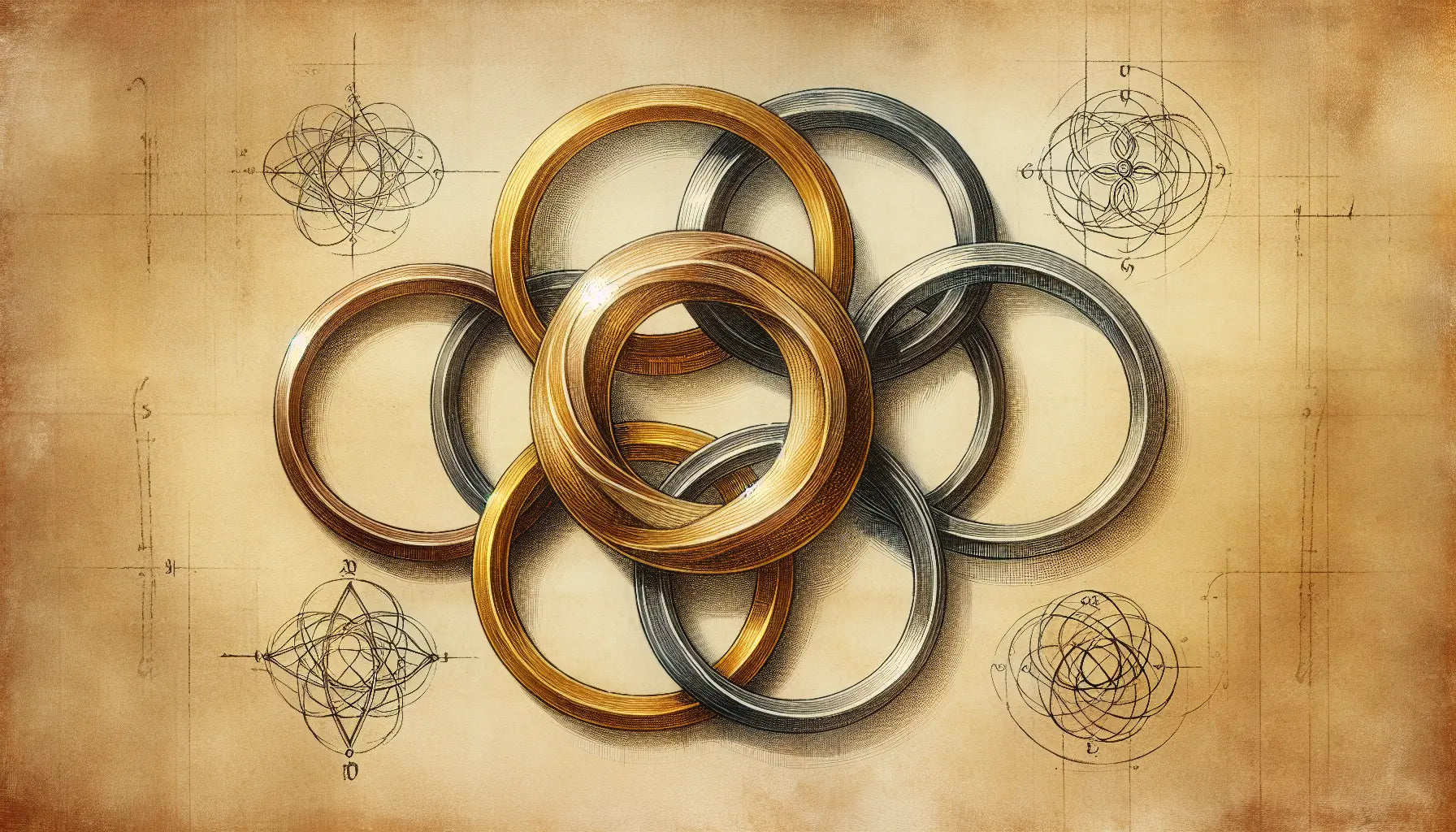 Sieben ineinandergreifende Ringe aus Gold und Silber als Skizze auf pergamentartigem Papier mit mittelalterlichen Symbolen