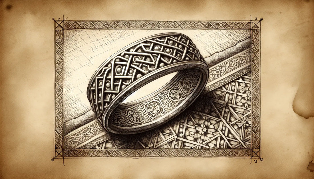 kunstvoll geschnitzter Silberring mit geometrischen islamischen Mustern auf hellem Pergament