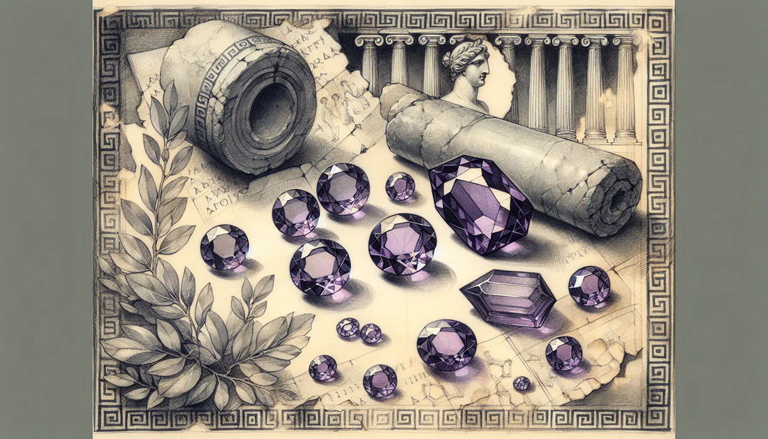 Antike Amethyststeine mit griechischen Symbolen als technische Skizzen auf Pergament
