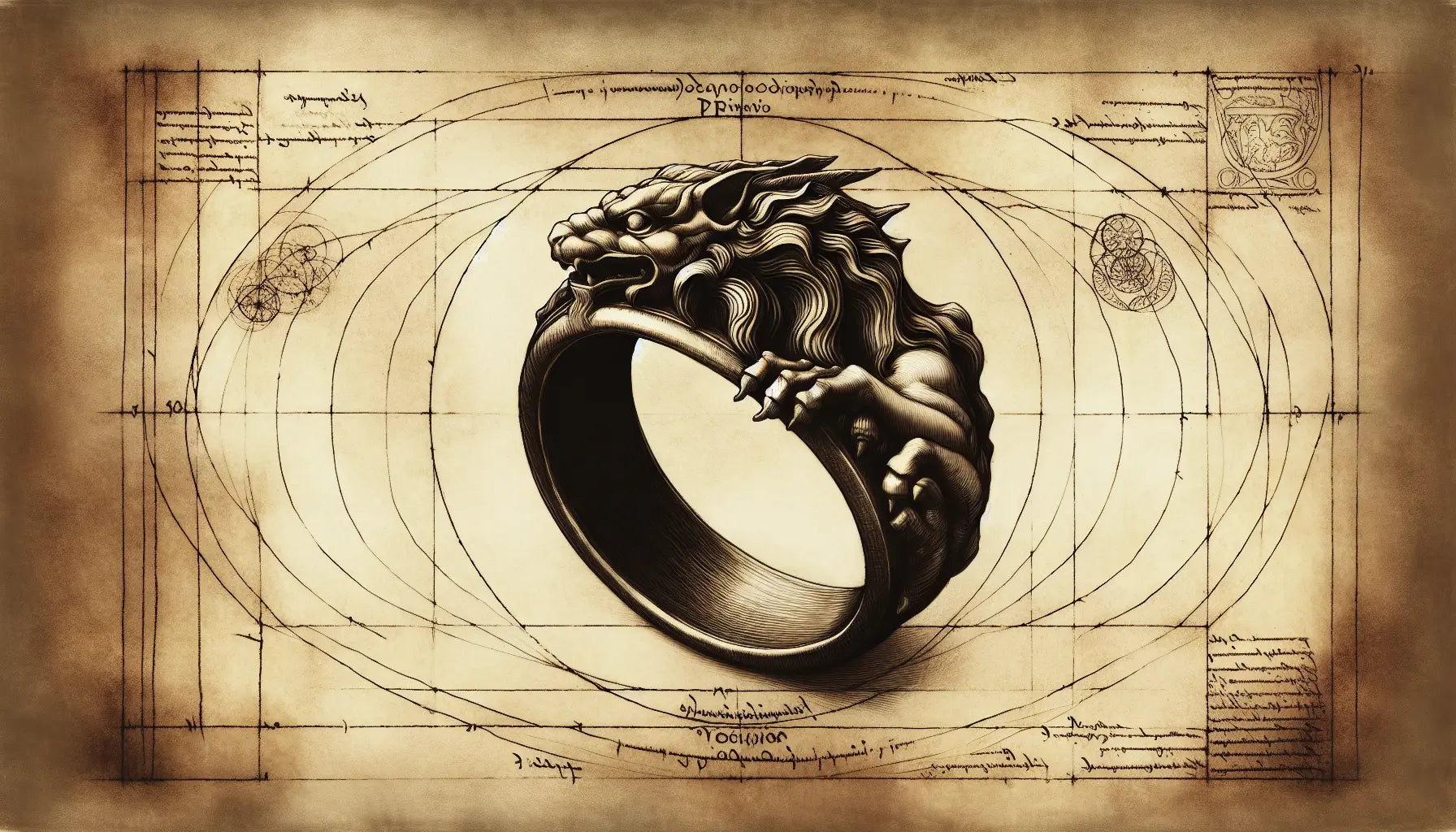 Antiker griechischer Bronzeringskizze mit mythologischer Kreatur im da Vinci Stil