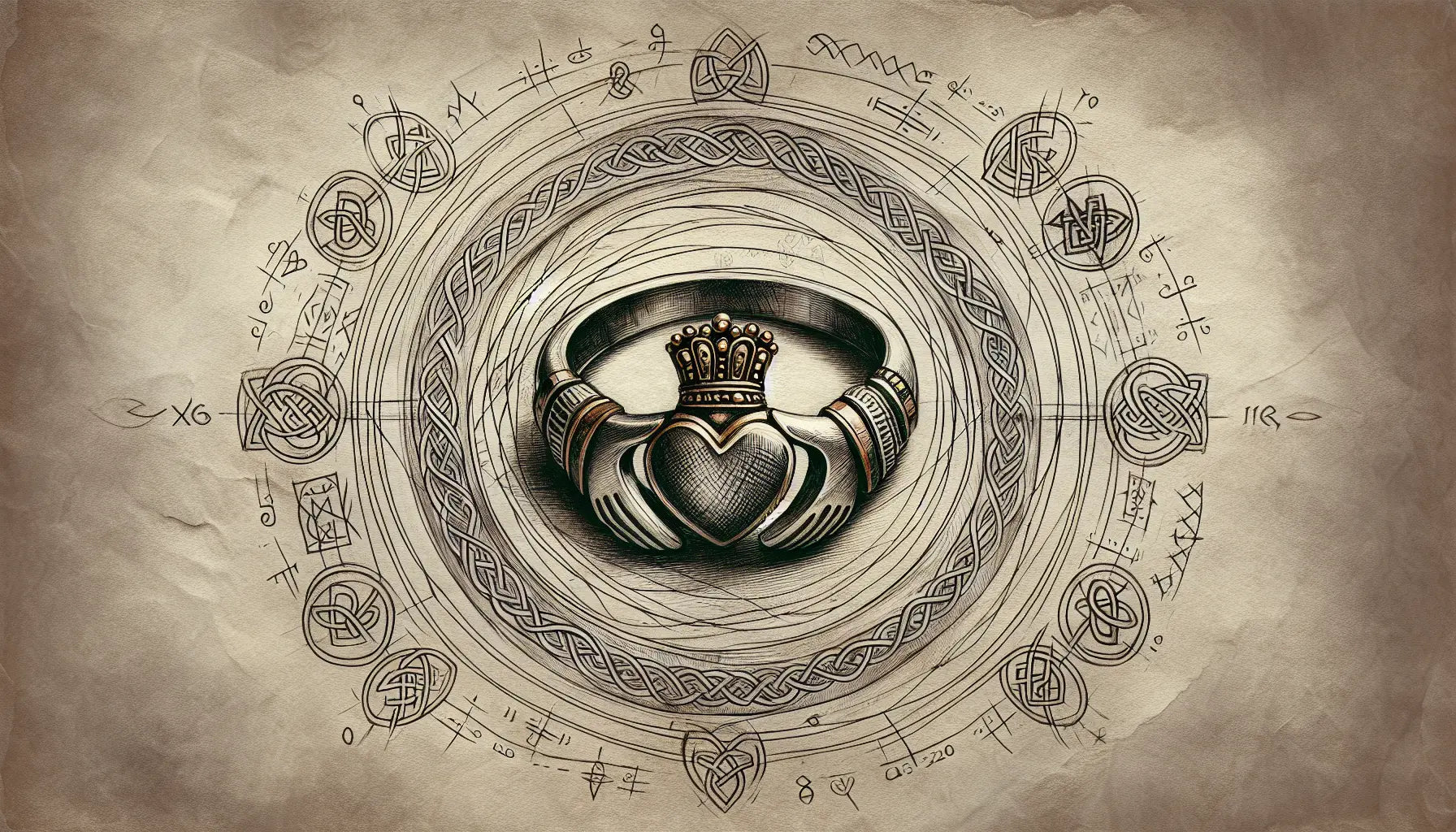 Antiker Claddagh-Ring mit keltischen Mustern und Symbolen für Liebe und Freundschaft in da Vinci Stil
