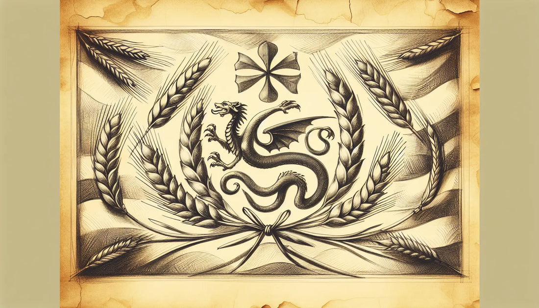 Skizze einer sizilianischen Flagge mit Triskele Medusa Kopf Weizen auf pergamentartigem Hintergrund