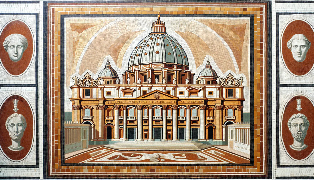 Abstrahierte Basilika St Peters in Rom als antikes Mosaik in Rotbraun Ocker und Gold auf hellem steinigen Hintergrund