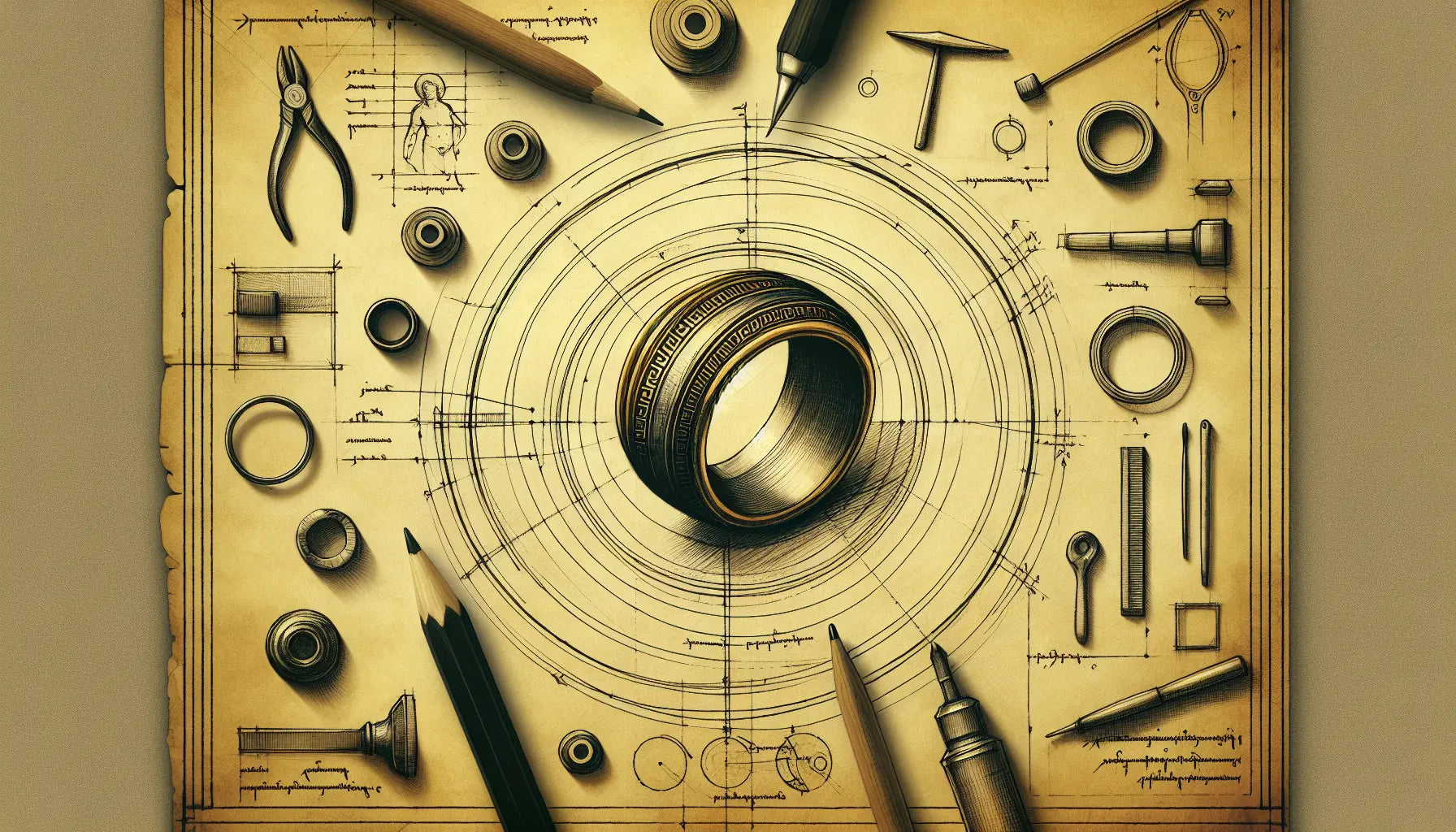 Antiker griechischer Ring mit Werkzeugen und Rohmaterialien in technischer Skizze auf Pergament