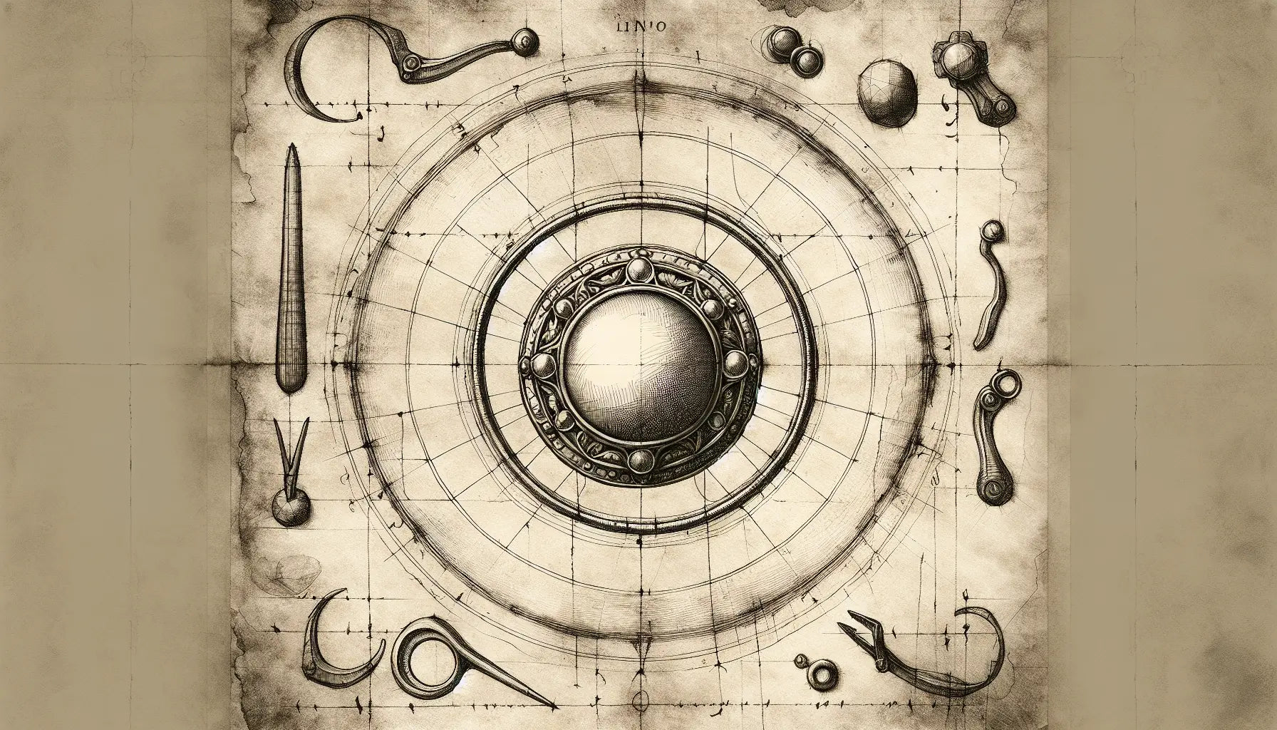 Antiker bombierter Ring mit Goldakzent und Werkzeugstudien auf pergamentartigem Papier