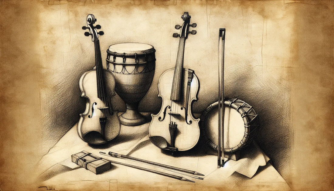 Antike Skizze einer Fiedel und eines Bodhránrahmens auf pergamentweißem Papier im Leonardo da Vinci Stil