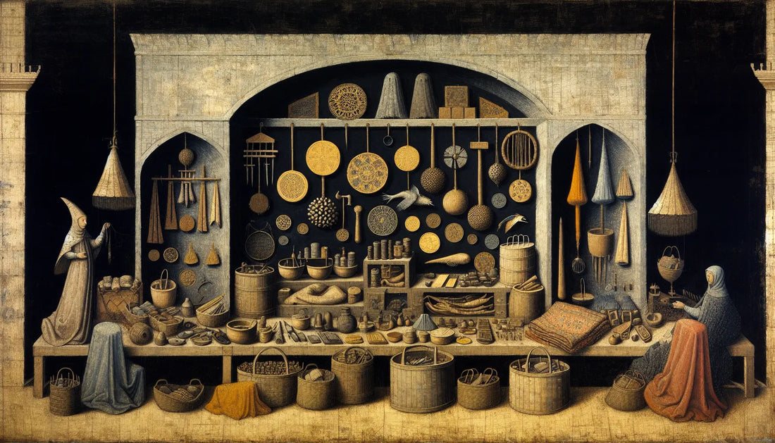 Ölgemälde mittelalterlicher Marktstände mit Waren und Werkzeugen auf hellem Untergrund