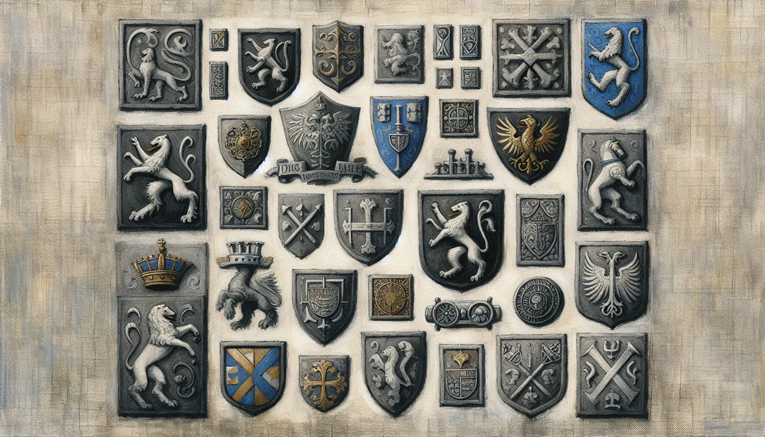 Mehrere historische Wappenschilde und königliche Siegel nebeneinander auf hellem Leinenhintergrund