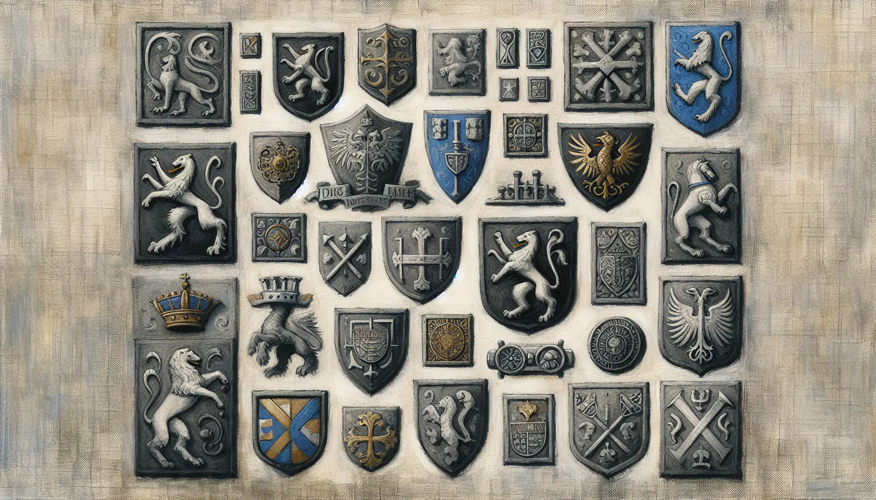 Mehrere historische Wappenschilde und königliche Siegel nebeneinander auf hellem Leinenhintergrund